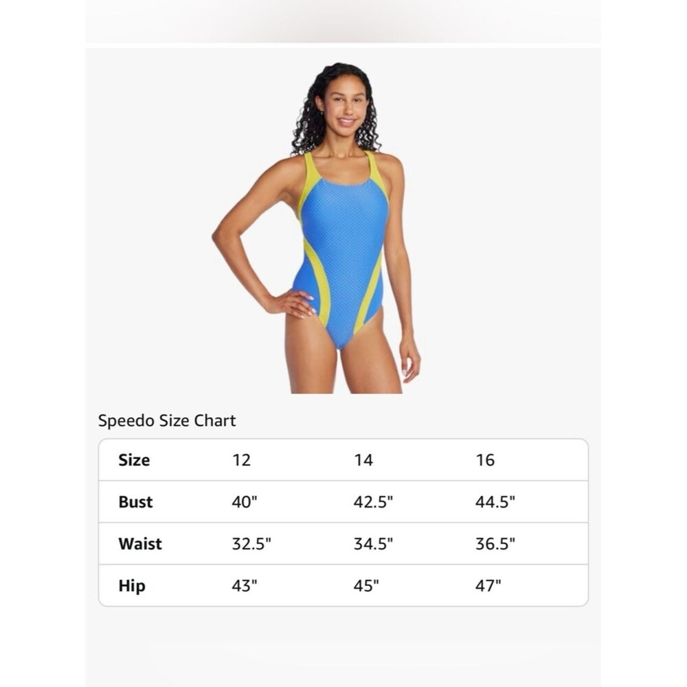 Speedo Swimsuit 1 Piece Creora Quantum Splice Jacquard Sevres Blue Yellow 14 NWT - Picture 11 of 12